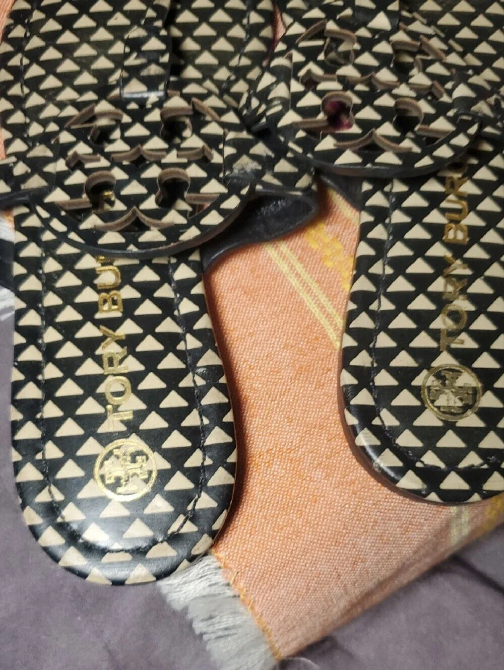 Tory Burch Miller Black&Cream Geometric Thong Sandals Size 7.5